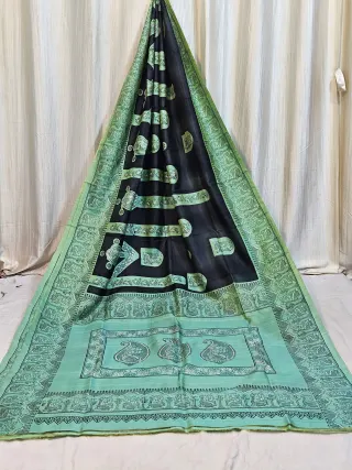 Premium Charcoal Black with Mint Green Jamini Roy Print Silk Saree