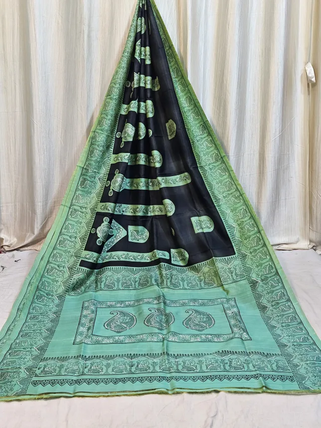 Premium Charcoal Black with Mint Green Jamini Roy Print Silk Saree