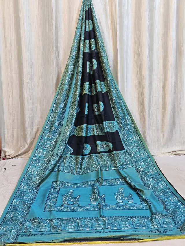 Premium Charcoal Black with Turquoise Blue Silk Jamini Roy Print Saree