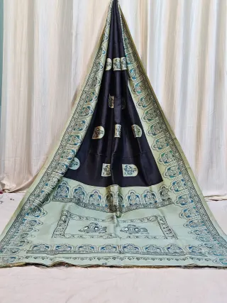 Premium Charcoal Black with Ivory Cream & Turquoise Blue Silk Jamini Roy Print Saree