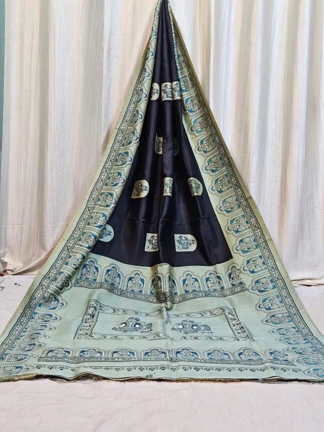 Premium Charcoal Black with Ivory Cream & Turquoise Blue Silk Jamini Roy Print Saree