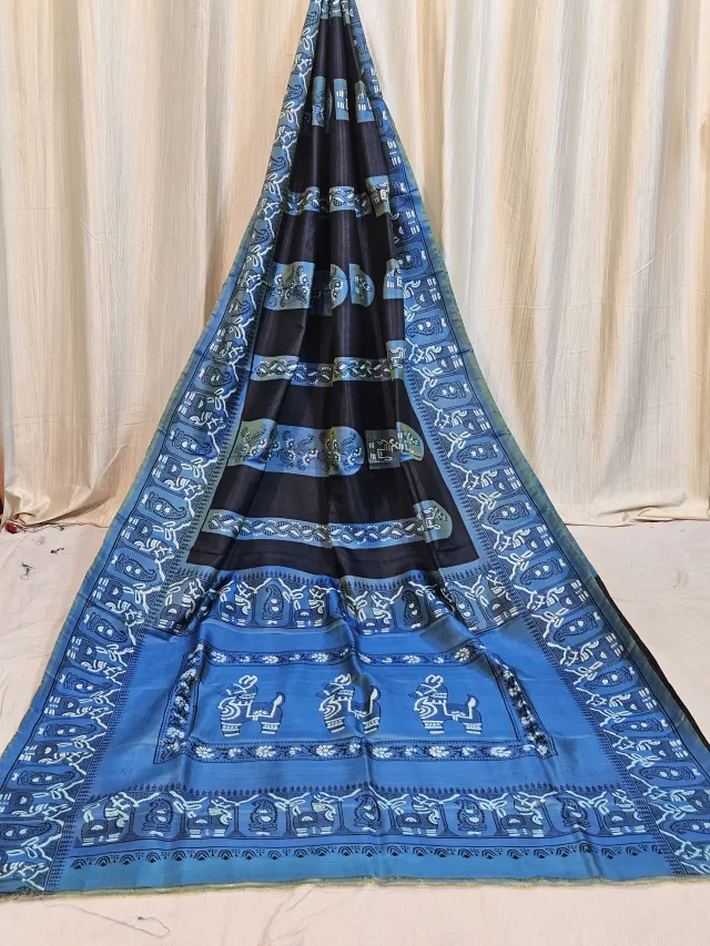 Premium Charcoal Black with Royal Blue Silk Jamini Roy Print Saree