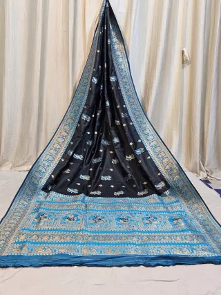 Premium Charcoal Black, Cream & Blue Replica Baluchuri Art Silk Saree