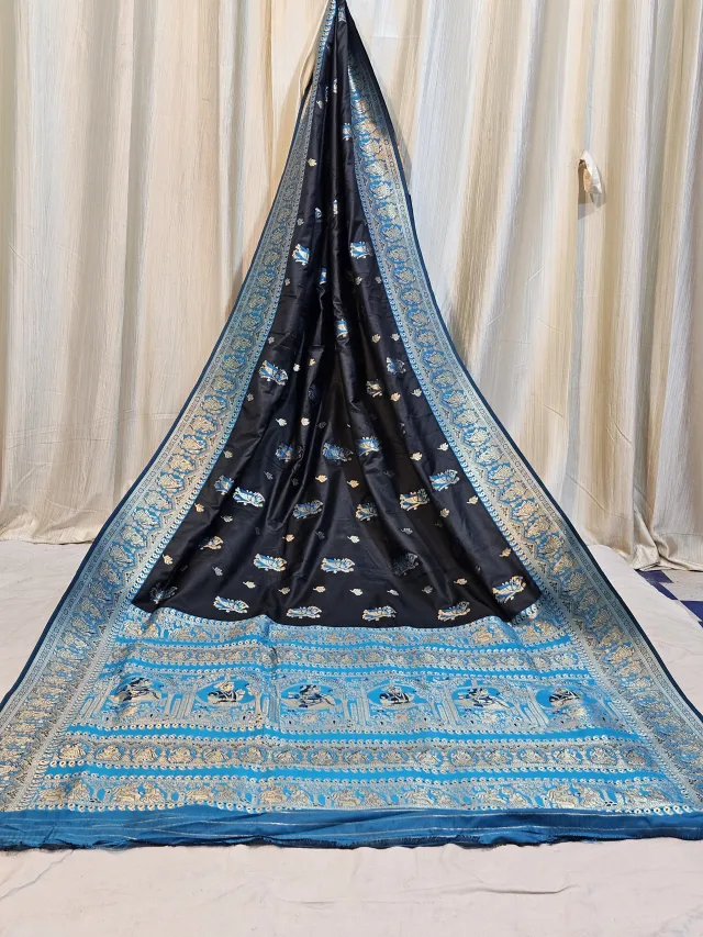 Premium Charcoal Black, Cream & Blue Replica Baluchuri Art Silk Saree
