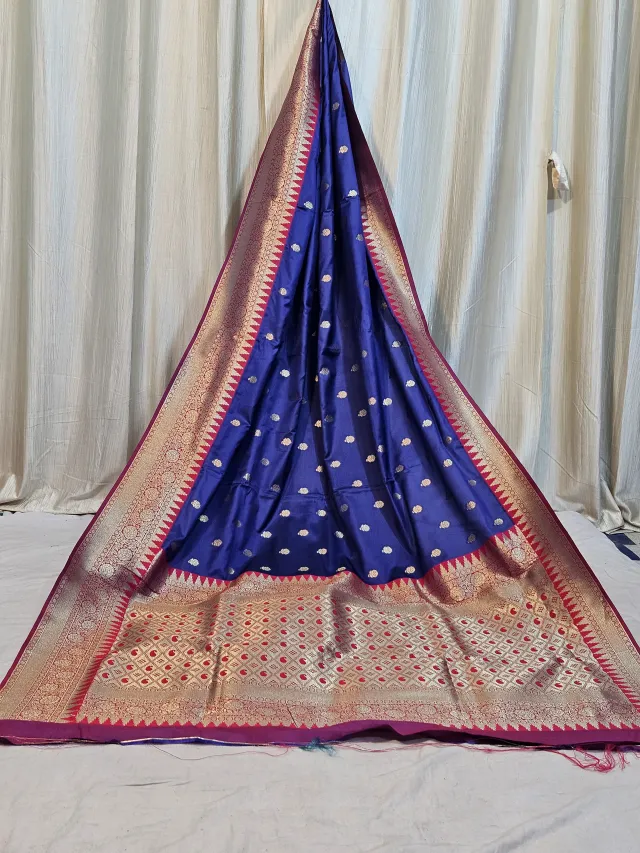 Premium Royal Sapphire Blue with Rani Pink Zari Buti Silk Saree