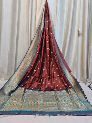 Premium Maroon and Royal Blue Contrast Replica Banarasi Saree