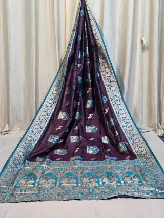 Premium Wine and Peacock Blue Contrast Replica Banarasi Saree
