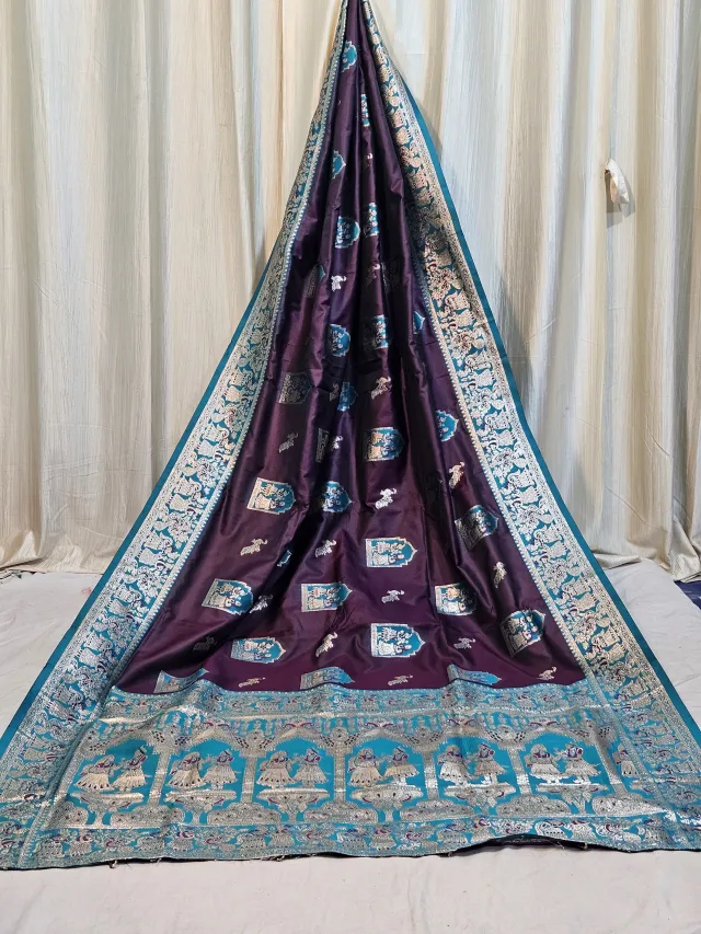 Premium Wine and Peacock Blue Contrast Replica Banarasi Saree