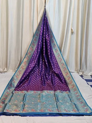 Premium Purple and Peacock Blue Contrast Replica Banarasi Saree