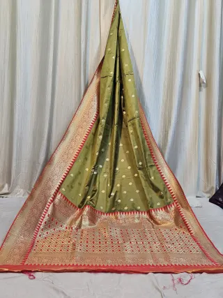 Premium Olive Green and Red Contrast Replica Banarasi Saree