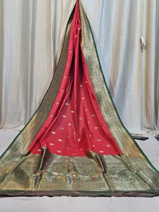 Premium Red and Bottle Green Contrast Replica Banarasi Saree