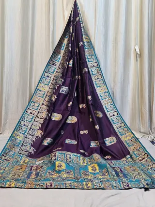 Premium Deep Purple and Teal Blue Contrast Replica Banarasi Saree