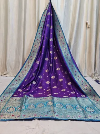 Premium Purple and Sky Blue Contrast Replica Banarasi Saree