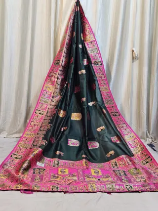 Premium Dark Green and Rani Pink Elephant Procession Baluchari Style Silk Saree