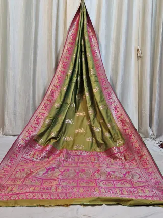 Premium Olive Green and Rani Pink Figure Motif Replica Banarasi Saree