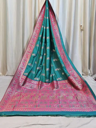 Premium Peacock Blue and Rani Pink Figure Motif Replica Banarasi Saree