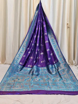 Premium Deep Purple and Sky Blue Figure Motif Replica Banarasi Saree