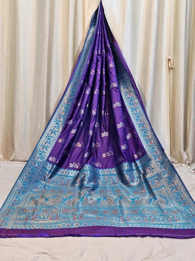 Premium Deep Purple and Sky Blue Figure Motif Replica Banarasi Saree