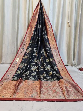 Premium Midnight Black and Red Floral Jaal Replica Banarasi Saree