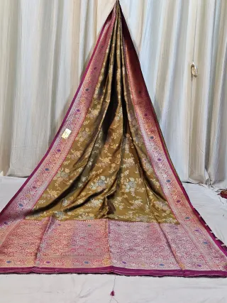 Premium Olive Green and Rani Pink Floral Jaal Replica Banarasi Saree