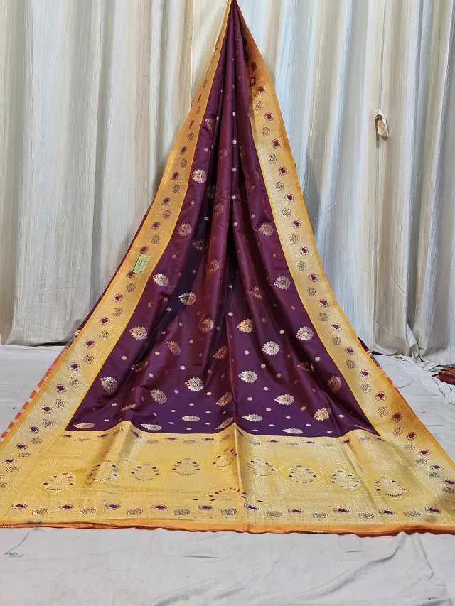 Premium Deep Purple and Mustard Yellow Buti Replica Banarasi Saree