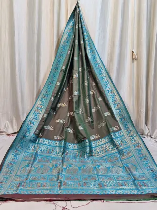 Premium Bottle Green and Sky Blue Figure Motif Replica Banarasi Saree