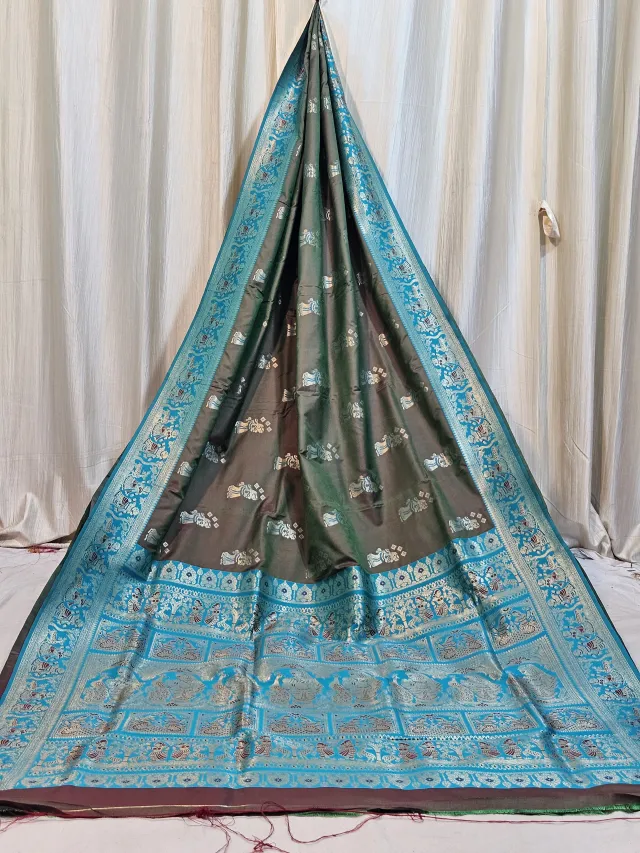 Premium Bottle Green and Sky Blue Figure Motif Replica Banarasi Saree