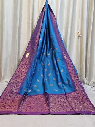 Premium Sky Blue and Royal Purple Leaf Motif Soft Silk Saree