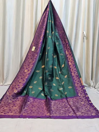 Premium Sea Green and Royal Purple Leaf Motif Soft Silk Saree