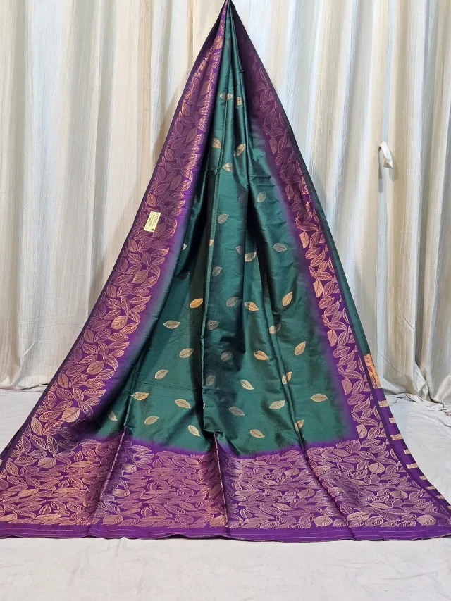 Premium Sea Green and Royal Purple Leaf Motif Soft Silk Saree