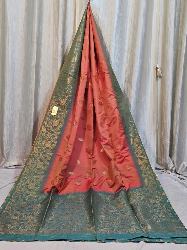Premium Red and Bottle Green Leaf Motif Soft Silk Saree