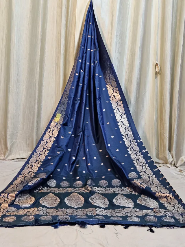 Premium Royal Blue Replica Banarasi Soft Silk Saree with Antique Zari Kalka Motif
