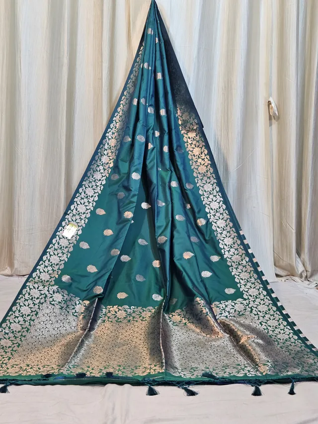 Premium Peacock Green Replica Banarasi Soft Silk Saree with Silver Zari Floral Motif