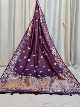 Premium Deep Purple Replica Banarasi Soft Silk Saree with Antique Silver Zari Motif