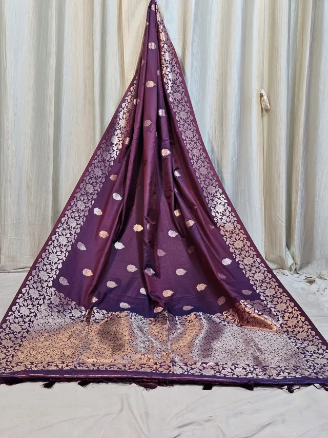Premium Deep Purple Replica Banarasi Soft Silk Saree with Antique Silver Zari Motif