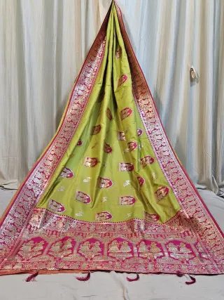 Premium Parrot Green Replica Baluchuri Soft Silk Saree with Magenta Border