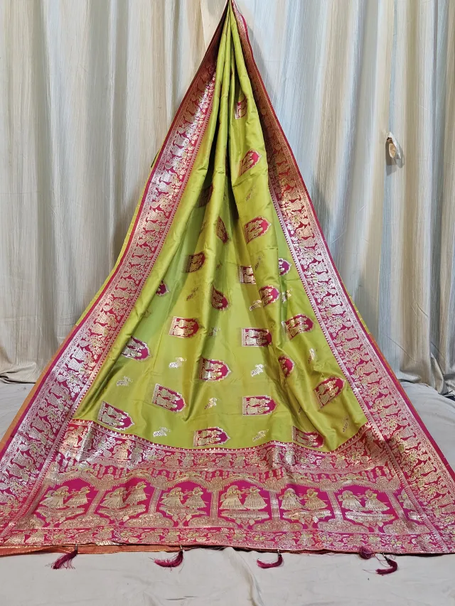 Premium Parrot Green Replica Baluchuri Soft Silk Saree with Magenta Border