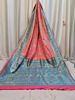 Premium Coral Pink Replica Baluchuri Soft Silk Saree with Narrative Motifs