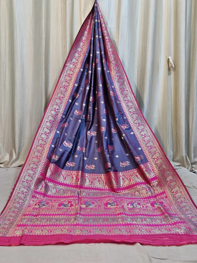 Premium Navy Blue Replica Baluchuri Soft Silk Saree with Rani Pink Border