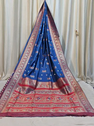 Premium Royal Blue Replica Baluchuri Soft Silk Saree with Red Border