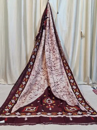 Premium Ivory Cream & Burgundy Wine Batik Print Kantha Stitch Pure Murshidabad Silk Saree