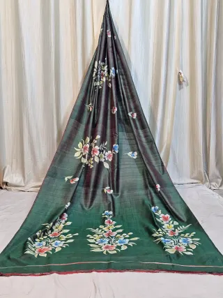 Premium Forest Green Floral Hand Paint Pure Bishnupur Silk Saree