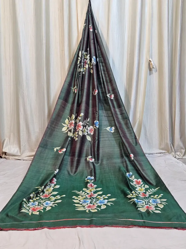 Premium Forest Green Floral Hand Paint Pure Bishnupur Silk Saree