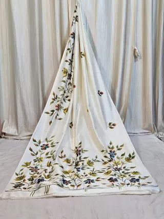 Premium Ivory Cream Floral Hand Paint Pure Bishnupur Silk Saree