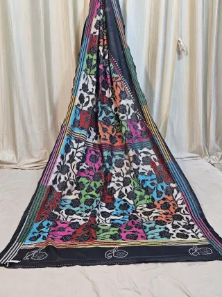 Premium Black Multicolour Floral Reverse Kantha Blended Bangalore Silk Saree