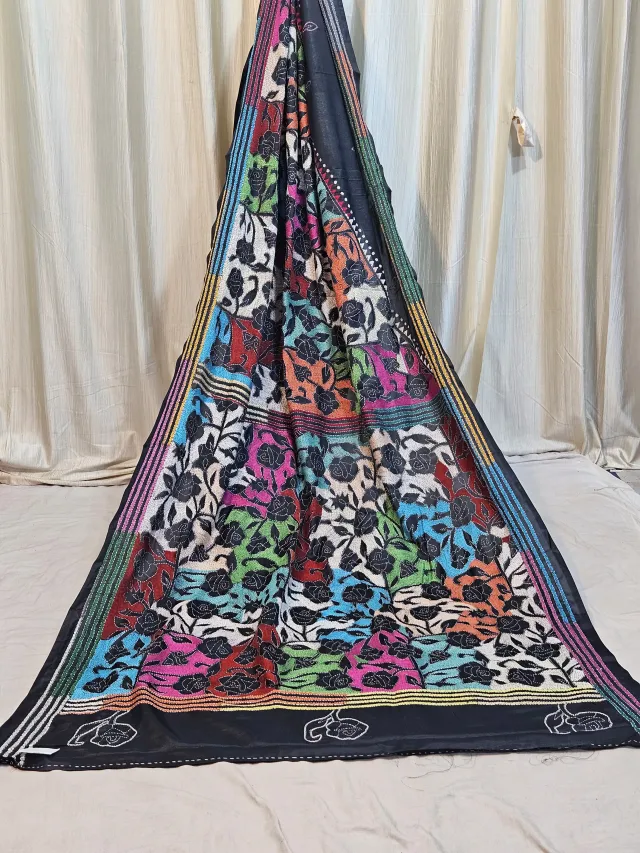 Premium Black Multicolour Floral Reverse Kantha Blended Bangalore Silk Saree