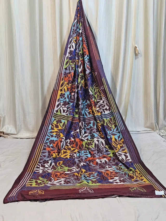 Premium Burgundy Multicolour Floral Reverse Kantha Blended Bangalore Silk Saree