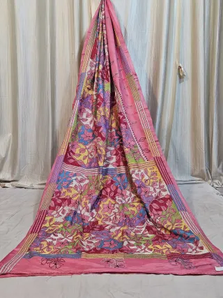 Premium Peach Pink Multicolour Reverse Kantha Blended Bangalore Silk Saree