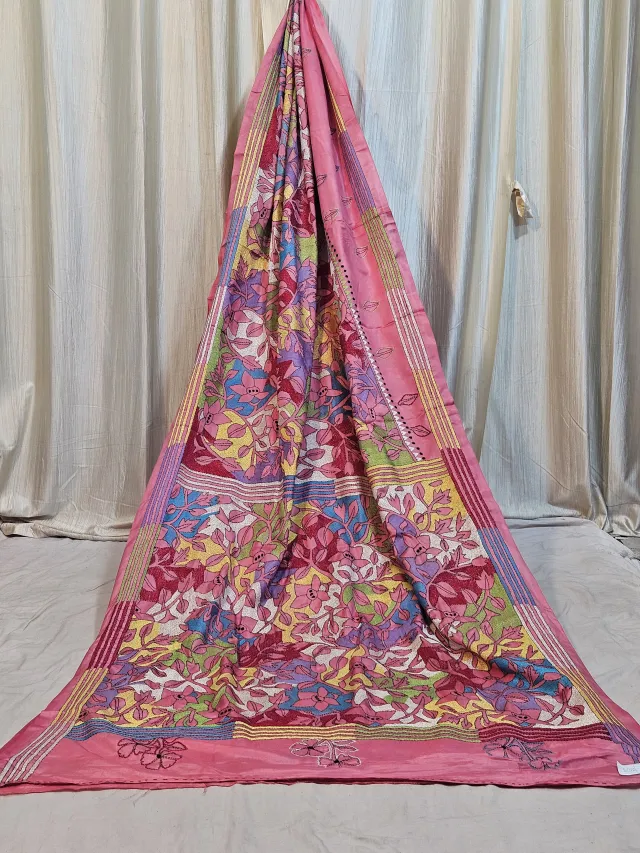 Premium Peach Pink Multicolour Reverse Kantha Blended Bangalore Silk Saree