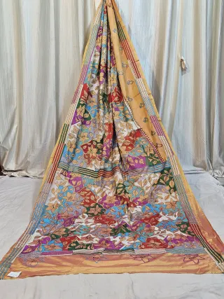 Premium Golden Yellow Multicolour Reverse Kantha Blended Bangalore Silk Saree